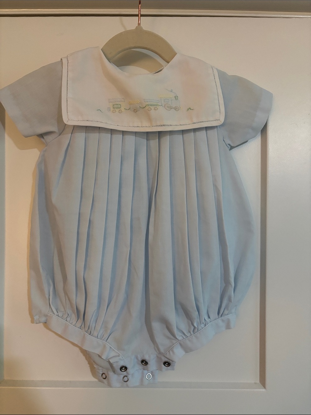 Petit Ami Baby Pleated Blue and White Romper with Train Embroidery 6 Months